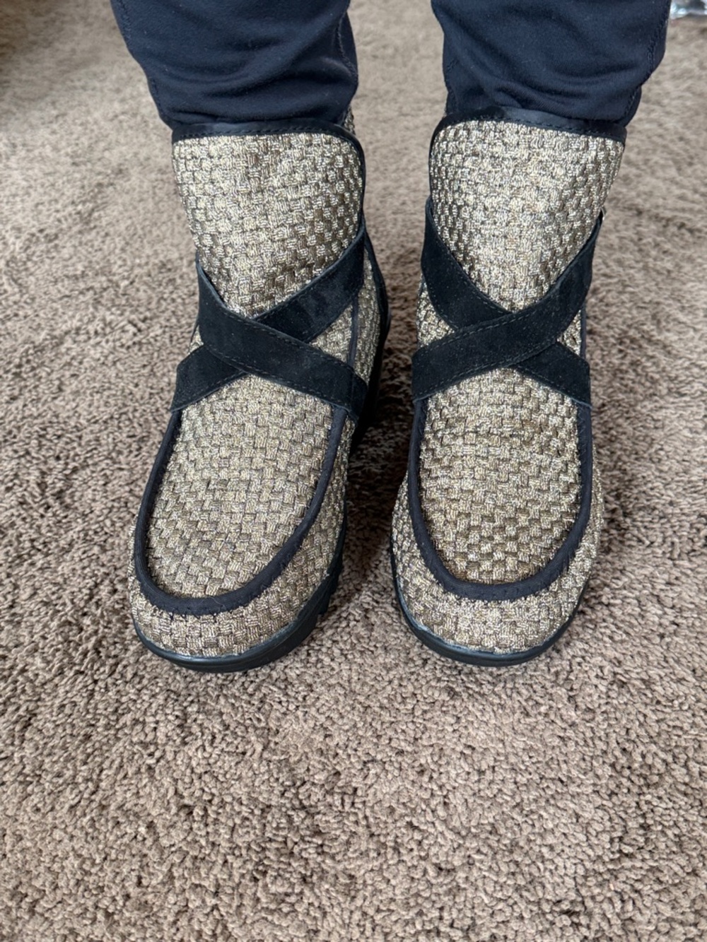 bernie mev. Metallic Woven Gold and Black Cross-Strap Ankle Booties